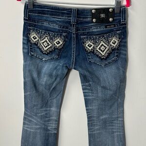 Y2K MISS ME women's blue faded lowrise studded embroidered bootcut jeans, 26".